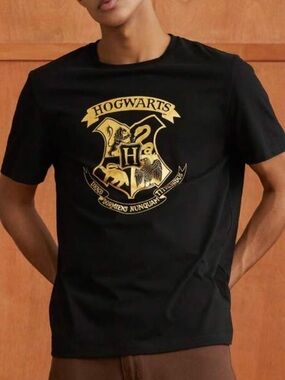 Harry Potter Hogwarts Crest Tee - Black with Gold Graphic - Size L